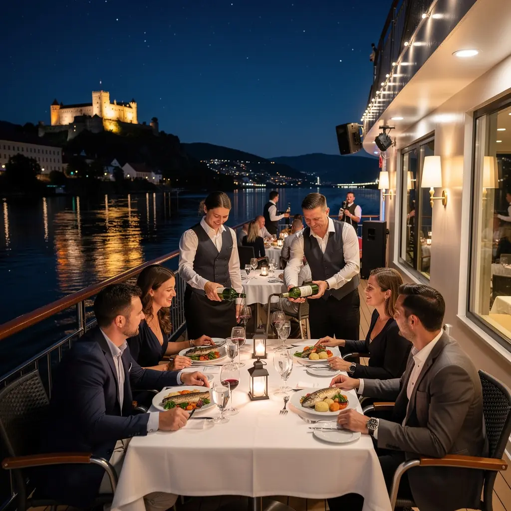 An elegant castle perched on a hilltop overlooking the serene waters of the Danube River.